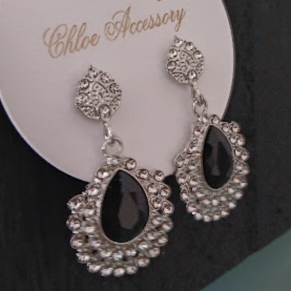 CHLOE ACCESSORY Glamorous Silver Black & Clear Crystal Pear Shaped Drop Earrings - Picture 2 of 4